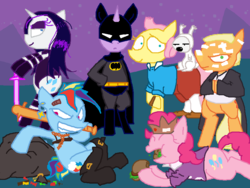 Size: 800x600 | Tagged: safe, artist:weaver, angel bunny, applejack, fluttershy, pinkie pie, rainbow dash, rarity, twilight sparkle, pony, g4, archie comics, batman, bipedal, clothes, costume, halloween, jughead, marv, psylocke, sin city, snowy, tank girl, tintin, x-men