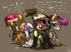 Size: 1000x736 | Tagged: safe, artist:atryl, apple bloom, babs seed, scootaloo, sweetie belle, earth pony, pegasus, pony, unicorn, g4, bandage, bipedal, broom, cloak, clothes, costume, cutie mark crusaders, dialogue, female, filly, foal, four horsemen of the apocalypse, group, helmet, horseman of death, horseman of famine, horseman of pestilence, horseman of war, hungry, leprosy, mask, quartet, sad, scythe, stomach growl, stomach noise, tan background, wooden sword
