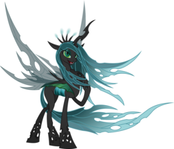 Size: 3950x3386 | Tagged: safe, artist:nemesis360, queen chrysalis, changeling, changeling queen, pony, g4, bedroom eyes, concave belly, crown, fangs, female, hoof on neck, horn, jewelry, long horn, long legs, long tail, looking at you, open mouth, regalia, slender, smiling, solo, spread wings, tail, tall, thin, windswept mane, windswept tail