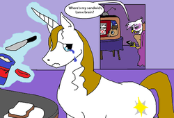 Size: 1144x779 | Tagged: artist needed, safe, doctor whooves, gilda, prince blueblood, time turner, griffon, g4, 1000 hours in ms paint, abuse, blueabuse, crying, doctor who, femdom, karma, mayonnaise, poetic justice, sandwich, slave, tardis