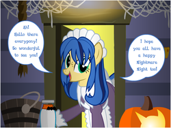 Size: 800x600 | Tagged: dead source, safe, artist:flash equestria photography, oc, oc only, oc:milky way, pony, milkmare of trottingham, g4, ask, clothes, female, halloween, jack-o-lantern, maid, mare, milk, nightmare night, pumpkin, solo, tumblr