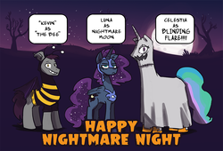 Size: 879x596 | Tagged: safe, artist:herny, nightmare moon, princess celestia, princess luna, oc, oc:kevin the nightguard, bee, ghost, luna-afterdark, g4, bedsheet ghost, blinding flare, halloween, nightmare luna, nightmare night, tumblr