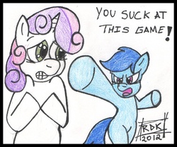 Size: 570x475 | Tagged: safe, artist:rdk, archer (g4), scootablue, sweetie belle, g4, traditional art, video game