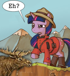 Size: 316x343 | Tagged: safe, artist:katiecandraw, edit, idw, twilight sparkle, moose, g4, canada, canadian, cropped, eh, female, mountie, solo, stereotype