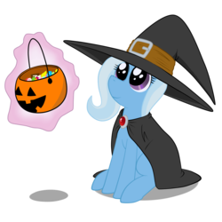 Size: 1280x1280 | Tagged: safe, artist:animefreak40k, trixie, pony, unicorn, g4, bucket, candy, cute, diatrixes, female, halloween, hat, magic, mare, nightmare night, smiling, solo, witch hat