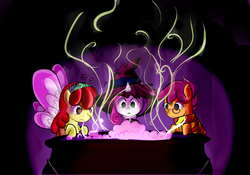 Size: 3580x2504 | Tagged: safe, artist:keaton-corrine, apple bloom, scootaloo, sweetie belle, breezie, g4, cauldron, clothes, costume, cutie mark crusaders, dark, glasses, harry potter (series), hat, scarf, witch hat