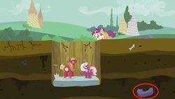 Size: 1280x720 | Tagged: safe, edit, edited screencap, screencap, apple bloom, big macintosh, cheerilee, scootaloo, sweetie belle, earth pony, pony, g4, hearts and hooves day (episode), dirt, hearts and hooves day, hole, male, mattress, post-apocalyptic, shovel, stallion, tire