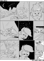 Size: 944x1294 | Tagged: safe, artist:capnpea, applejack, earth pony, pony, comic:three apples, g4, comic, crescent moon, female, monochrome, mouth hold, night, notepad, on back, pencil, pillow, prone, shooting star, solo, tent