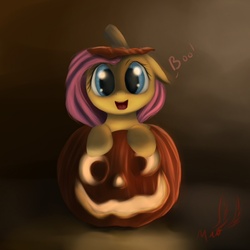 Size: 800x800 | Tagged: safe, artist:miokomata, fluttershy, g4, cute, female, jack-o-lantern, pumpkin, shyabetes, solo