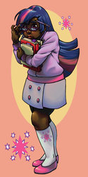 Size: 900x1800 | Tagged: safe, artist:m3ru, twilight sparkle, human, g4, adorkable, cute, dark skin, dork, female, humanized, nerd, solo