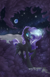 Size: 1000x1532 | Tagged: safe, artist:1jaz, nightmare rarity, pony, unicorn, g4, female, glowing, glowing horn, horn, magic, mare, moon, planet, shadow, solo, space, stars