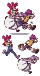 Size: 700x1313 | Tagged: safe, artist:theartrix, apple bloom, scootaloo, sweetie belle, human, g4, cutie mark crusaders, humanized, overalls, running, sketch dump