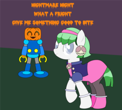 Size: 1709x1538 | Tagged: safe, artist:askbright-eyes, oc, oc only, oc:bright eyes, earth pony, pony, ask bright eyes, ask, clothes, cosplay, costume, earth pony oc, halloween, holiday, jack-o-lantern, megaman legends, nightmare night, pumpkin, servbot, tron bonne, tumblr, tumblr pony