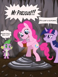 Size: 960x1280 | Tagged: safe, artist:evilskunk, pinkie pie, spike, twilight sparkle, g4, cupcake, drool, gollum, lord of the rings, trio