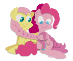 Size: 886x745 | Tagged: safe, artist:coggler, fluttershy, pinkie pie, earth pony, pegasus, pony, g4, alternate hairstyle, braid, female, grooming, lesbian, mare, ship:flutterpie, shipping, simple background, transparent background