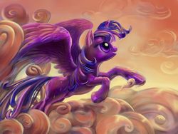 Size: 1584x1188 | Tagged: safe, artist:viwrastupr, twilight sparkle, alicorn, pony, g4, cloud, cloudy, female, flying, mare, solo, twilight sparkle (alicorn)