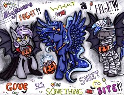 Size: 2205x1692 | Tagged: safe, artist:frostykat13, princess luna, bat pony, pony, g4, clothes, costume, magic, mouth hold, night guard, traditional art