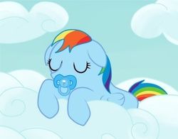 Size: 595x467 | Tagged: safe, artist:dunkinbean, rainbow dash, pegasus, pony, g4, baby, baby pony, cloud, cloudy, cutie mark, eyes closed, female, filly, filly rainbow dash, foal, pacifier, sky, sleeping, solo