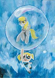 Size: 678x960 | Tagged: safe, artist:laura-g-art, derpy hooves, pegasus, pony, g4, bottled character, bubble, bubbles (powerpuff girls), crossover, duo, female, flying, mare, painting, the powerpuff girls, traditional art