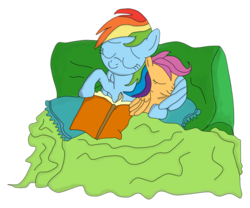 Size: 720x600 | Tagged: safe, artist:lycanianspike, rainbow dash, scootaloo, pegasus, pony, g4, blanket, book, couch, cuddling, pillow, scootalove, sisters, sleeping, snuggling
