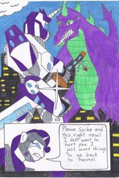 Size: 730x1095 | Tagged: safe, artist:tankconboss, rarity, spike, kaiju, g4, crying, fight, implied shipping, implied sparity, implied straight, katana, mecha, sad, spikezilla, sword, weapon