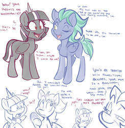 Size: 4500x4600 | Tagged: safe, artist:bluntwhiskey, oc, oc only, oc:feathermoon, oc:prism dust, pegasus, pony, absurd resolution, dialogue, offspring, parent:king sombra, parent:rainbow dash, parent:thunderlane, parent:twilight sparkle, parents:thunderdash, parents:twibra, simple background, white background