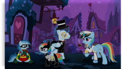 Size: 1192x670 | Tagged: safe, artist:selecteddash, rainbow dash, soarin', oc, oc:ragtag, oc:shooting star, g4, batman, batman and robin, cane, clothes, costume, family, female, hat, male, monocle, nightmare night, nightmare night costume, offspring, parent:rainbow dash, parent:soarin', parents:soarindash, robin, ship:soarindash, shipping, sisters, straight, top hat