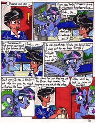 Size: 1024x1336 | Tagged: safe, artist:newyorkx3, spike, twilight sparkle, oc, oc:tommy, alicorn, human, pony, comic:twilight and the big city, g4, comic, female, mare, non-mlp oc, self insert, traditional art, twilight sparkle (alicorn)