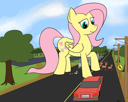 Size: 3000x2389 | Tagged: safe, artist:rapidstrike, fluttershy, deer, duck, pony, g4, female, giant pony, giantess, giantshy, hilarious in hindsight, macro, mare