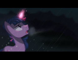 Size: 3719x2887 | Tagged: safe, artist:wicklesmack, twilight sparkle, g4, dark, dusk shine, fake screencap, glowing, letterboxing, magic, rain, rule 63, solo, wip