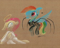 Size: 1024x820 | Tagged: safe, artist:getchanoodlewet, fluttershy, rainbow dash, g4, clothes, costume, traditional art