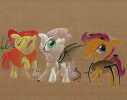 Size: 1045x820 | Tagged: safe, artist:getchanoodlewet, apple bloom, scootaloo, sweetie belle, g4, clothes, costume, cutie mark crusaders, traditional art