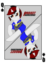 Size: 1600x2240 | Tagged: safe, artist:samuel039, oc, oc only, oc:blackjack, pony, unicorn, fallout equestria, fallout equestria: project horizons, card, clothes, fanfic, fanfic art, female, hooves, horn, jumpsuit, mare, playing card, solo, teeth, text, vault suit, vector
