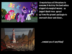 Size: 1600x1200 | Tagged: safe, applejack, fluttershy, pinkie pie, rainbow dash, rarity, twilight sparkle, alicorn, pony, g4, princess twilight sparkle (episode), season 4, aku, big crown thingy, birth of evil, comparison, elements of harmony, female, mare, samurai jack, speculation, twilight sparkle (alicorn)