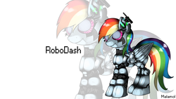 Size: 1920x1080 | Tagged: safe, artist:malamol, rainbow dash, pegasus, pony, robot, robot pony, g4, abstract background, female, mare, rainbot dash, signature, solo
