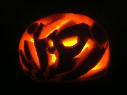 Size: 2592x1936 | Tagged: safe, rainbow dash, g4, carving, clothes, costume, halloween, holiday, jack-o-lantern, pumpkin, shadowbolt dash, shadowbolts, shadowbolts costume