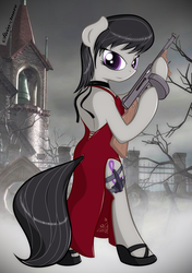 Size: 1200x1700 | Tagged: safe, artist:stein-more, octavia melody, earth pony, semi-anthro, g4, ada wong, clothes, crossover, dress, female, gun, resident evil 4, solo, submachinegun, tommy gun