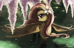 Size: 1000x647 | Tagged: safe, artist:jiayi, fluttershy, butterfly, pony, g4, cute, female, flower in hair, mare, petals, shyabetes, solo, spread wings, water, wings