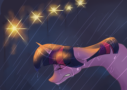 Size: 1024x726 | Tagged: safe, artist:sigmanas, twilight sparkle, pony, g4, bust, crying, eyes closed, female, floppy ears, gritted teeth, night, portrait, rain, sad, solo, streetlight