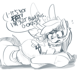 Size: 895x822 | Tagged: safe, artist:xieril, rainbow dash, pegasus, pony, g4, blatant lies, blushing, butt, cute, dashabetes, dialogue, dock, female, flustered, lying down, mare, monochrome, on side, open mouth, plot, rainbutt dash, solo, speech bubble, spread wings, sweat, talking, wings