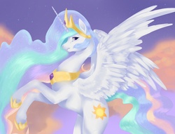 Size: 2800x2140 | Tagged: dead source, safe, artist:mokscha, princess celestia, alicorn, pony, g4, female, moue, rearing, sky, solo