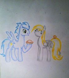 Size: 417x470 | Tagged: safe, artist:nonameddeer, derpy hooves, soarin', pegasus, pony, g4, female, mare, muffin, pie, traditional art