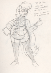 Size: 502x712 | Tagged: safe, artist:duragan, ms. harshwhinny, anthro, g4, abdominal bulge, belly, button popping, critic, fat, female, food, hungry, judge, monochrome, ms. lardwhinny, solo, stuffed, stuffing, tight clothing, weight gain
