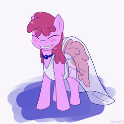 Size: 900x900 | Tagged: safe, artist:skoon, berry punch, berryshine, earth pony, pony, ask berry punch, g4, ask, berrybetes, blushing, clothes, dress, female, mare, necklace, smiling, solo, wedding dress