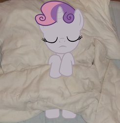 Size: 1343x1370 | Tagged: safe, sweetie belle, g4, bed, irl, on back, photo, ponies in real life, sleeping, solo