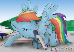 Size: 1527x1080 | Tagged: safe, artist:made-in-donuts, rainbow dash, pegasus, pony, g4, airplane dash, escalator, eyes closed, female, giant pegasus, giant pony, giant rainbow dash, giantess, imminent vore, it's a trap, kids, macro, mare, mega/giant rainbow dash, open mouth, people, plane, ponies eating humans, pun, smiling, spread wings, trap (device), visual pun