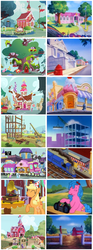 Size: 800x2140 | Tagged: safe, screencap, applejack, melody, twilight sparkle, dragon, earth pony, pony, unicorn, an apple for starlight, blue ribbon blues, friendship is magic, g1, g4, my little pony tales, party of one, send in the clown, stand by me, back of head, bipedal, boombox, cassette player, compact cassette, comparison, construction, construction pony, eyes closed, female, golden oaks library, hat, hub logo, male, party hat, phonograph, radio, sugarcube corner, sweet apple acres, train, unicorn twilight