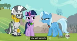 Size: 573x308 | Tagged: safe, screencap, trixie, twilight sparkle, zecora, zebra, g4, magic duel, alicorn amulet, hub logo, meme, youtube caption