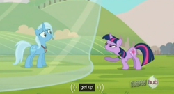 Size: 571x308 | Tagged: safe, screencap, trixie, twilight sparkle, g4, magic duel, alicorn amulet, barrier, glass, hub logo, meme, youtube caption