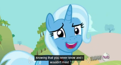 Size: 563x302 | Tagged: safe, screencap, trixie, pony, unicorn, g4, magic duel, alicorn amulet, female, hub logo, mare, meme, solo, youtube caption